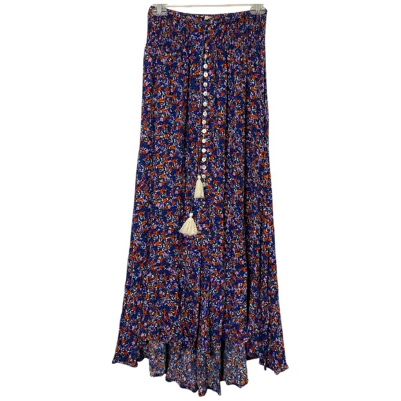Rachel Zoe Boho Maxi Skirt S Blue Floral Smocked Waist  Button Up Cottagecore - Picture 1 of 6